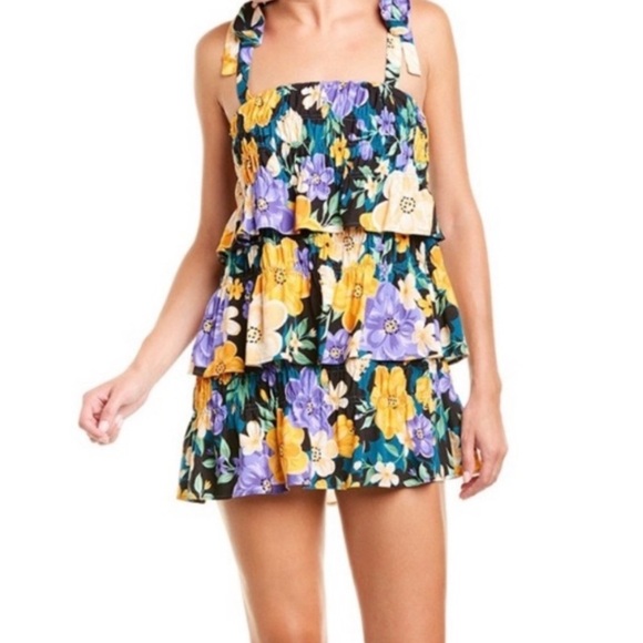 Tularosa Floral Ruffle mini Dress Black Yellow Purple Revolve Size Medium - Picture 2 of 11